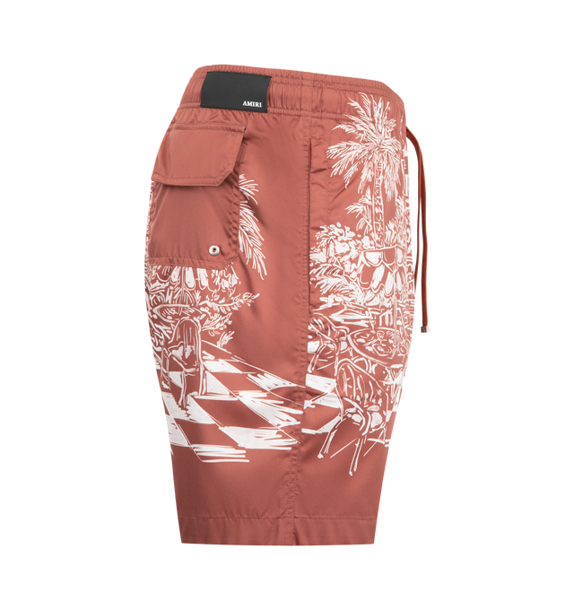Image 3 of 3 - BROWN - AMIRI Chateau Sketch Print Swim Shorts featuring an elastic drawstring waist, printed with an allover graphic motif, relaxed-leg silhouette and drawstring closure. 100% polyester. Made in Portugal. 