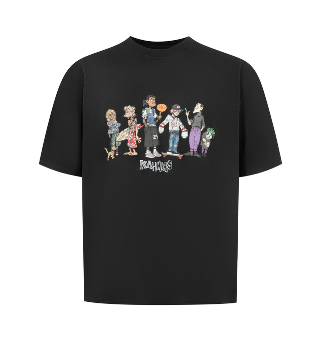 Image 1 of 2 - BLACK - Nahmias Men's Cartoon Warning Boxy Tee is crafted from cotton and features Nahmias cartoon character graphics throughout. This short-sleeve style is cut in the brand's signature boxy fit for a relaxed silhouette. Main Material: 100% Cotton. Made in Los Angeles. 