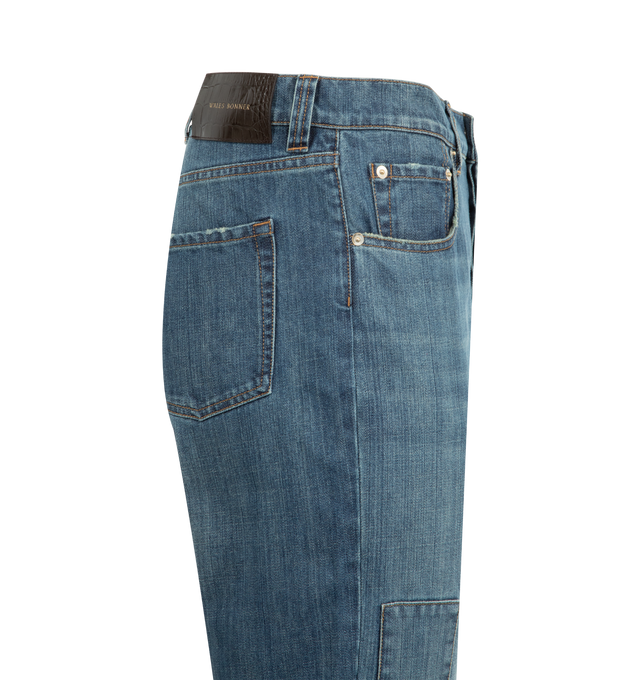 Image 3 of 3 - BLUE - WALES BONNER Chance Denim featuring button waist, 5 pocket construction, straight leg, washed patched denim and leather patch at rear waist. 100% cotton. Made in Portugal. 