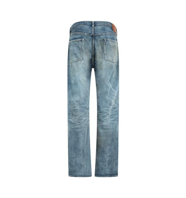 Image 2 of 3 - BLUE - FULLCOUNT  WWII Model 11.5oz Denim Pants HW Master Of Reality featuring button closure, belt loops at waist, 5 pocket style and fading throughout. 100% cotton. Made in Japan.  
