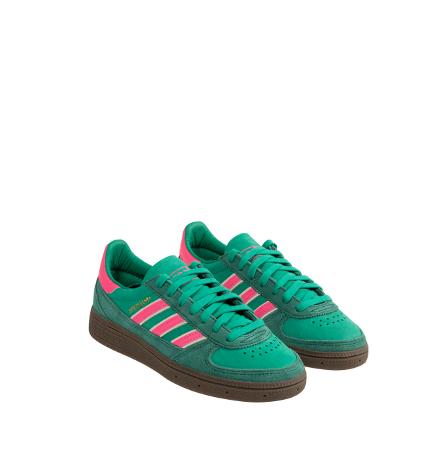 Image 2 of 5 - GREEN - Adidas Handball Spezial leather sneakers inspired by archive handball shoes. Made from premium nubuck with durable suede overlays along the toe and mudguard, leather 3-Stripes and gold-letter Spezial branding. Features a rubber cupsole with rugged traction, leather lining and lace closure. Unisex style in men's sizes. 