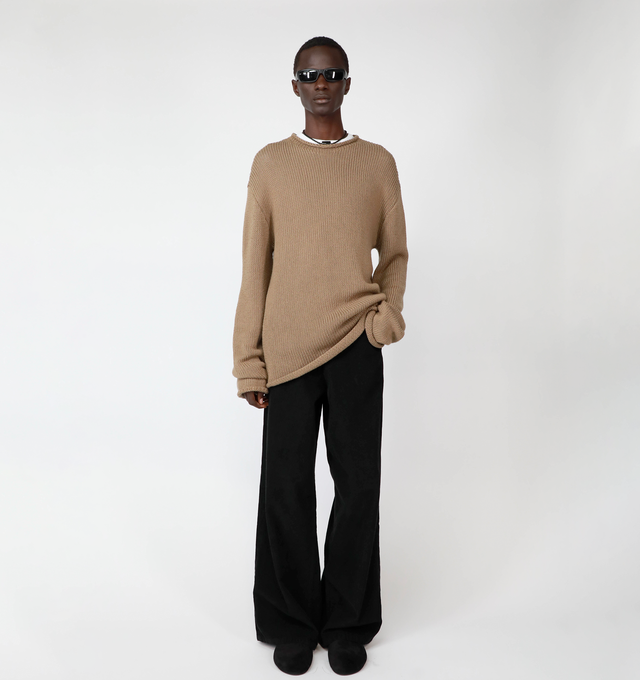 Image 4 of 4 - BROWN - THE ROW Anteo Top featuring drapey crewneck, midweight cotton and cashmere, relaxed fit and rolled-edge finishing at neck, hem, and sleeves. 85% cotton, 15% cashmere. Made in Italy. 