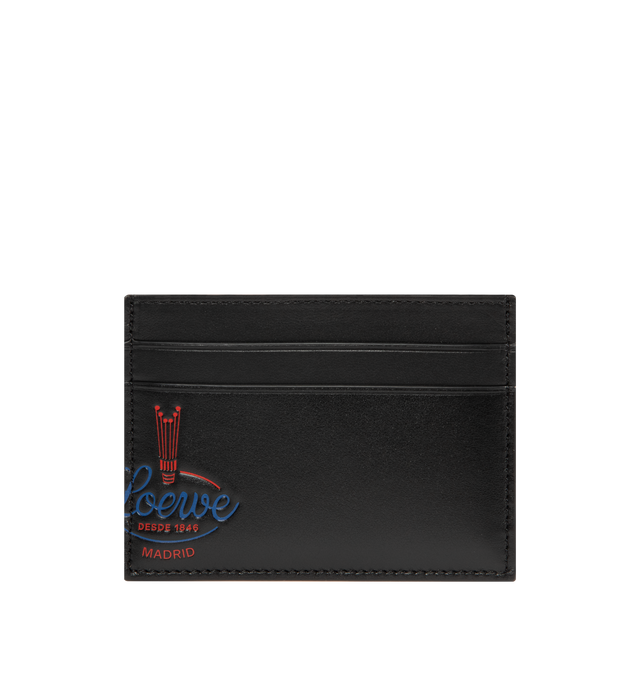Image 1 of 3 - BLACK - Loewe Mens Logo Cardholder is crafted from shiny calfskin. Features four card slots, one central pocket, embossed and printed bi-color archive-inspired LOEWE logo, and calfskin lining. Main Material: Shiny Calfskin; Lining: Calfskin. Dimensions: 10.3cm W x 7.5cm H x 0.3cm D. Made in Spain. 