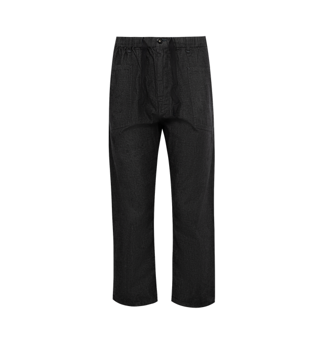 BLACK - POST O'ALLS E-Z ARMY NAVY Pants 2 featuring wrapped legs (no outseam), a belt-buckle detail at the back, E-Z elastic waist, single pocket in the back for an additional vintage feel. 100% cotton prewashed, tumble dried in low temperature. Made in Japan.