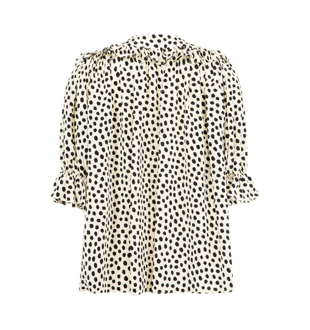 Image 2 of 2 - WHITE - CHLOE Puff-Sleeve Ruffle Top featuring organic silk crpe de chine with a dots print, elbow-length sleeves and mother-of-pearl buttons. 100% silk. 