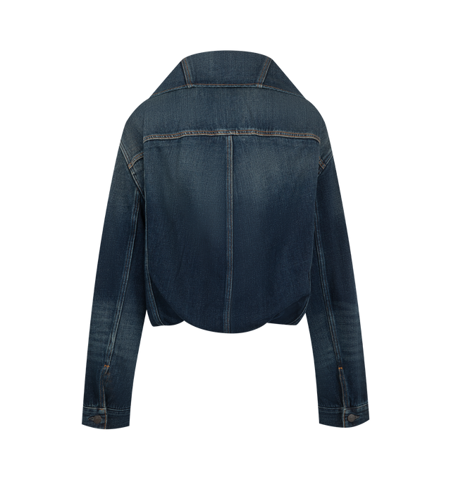 Image 2 of 3 - BLUE - Acne Studios Women's Cropped Denim Jacket is crafted from indigo-blue denim twill and features a regular-fit silhouette with a structured high neck and cropped length. Designed with branded button closures, front and side pockets, and a distinctive balloon hem that creates a gathered shape. Main Material: 100% Cotton. Lining: 65% Polyester, 35% Cotton.  