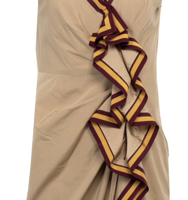Image 3 of 3 - BROWN - DRIES VAN NOTEN Ruffle Midi Dress featuring midi length, gathered ruffle front styling, V-neckline, sleeveless, hem falls below the knee, sheath silhouette and concealed back zip. 100% cotton. Made in Poland. 