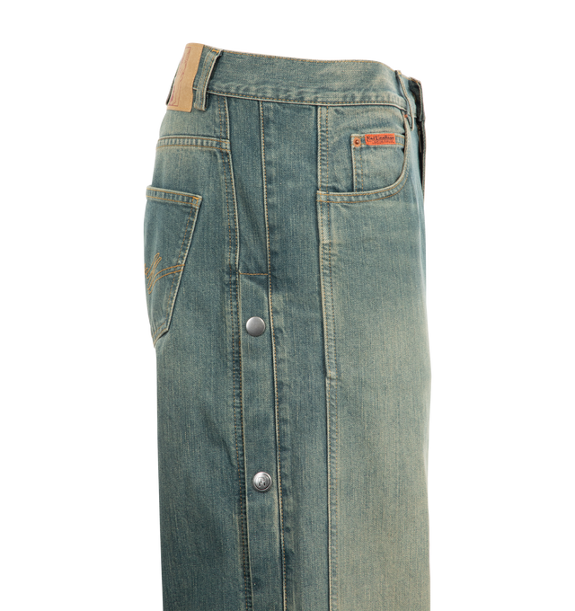 Image 3 of 3 - BLUE - Martine Rose Sports Jeans are a 5-pocket style with a button and zip closure, silver-tone logo patch, and a straight leg fit. 100% cotton. Made in Italy.  