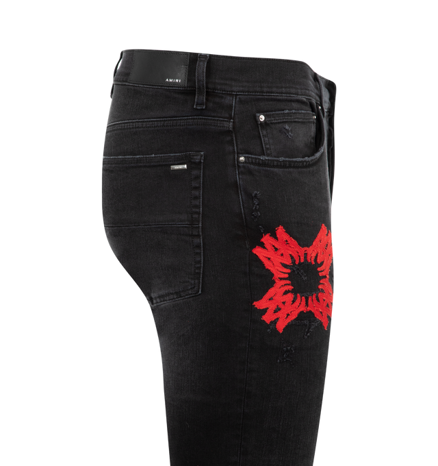 Image 3 of 3 - BLACK - Amiri M.A. Quad Logo Applique Skinny Jeans are a 5-pocket style with brand-inspired applique details.  