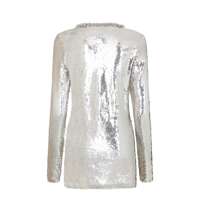 Image 2 of 3 - SILVER - RABANNE Sequined Minidress featuring silverstone beaded trim, v-neck, long sleeves, mini length and pulls over. 60% cupro, 30% polyester, 10% polyamide. Lining: 90% polyamide, 10% elastane. 