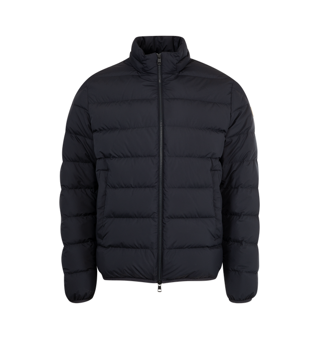 Image 4 of 4 - NAVY - MONCLER Montbrocq Jacket featuring polyester lining, down-filled, detachable and adjustable hood, zipper closure, pockets with button closure, zipped inner pockets, elastic cuffs and logo trim. 100% polyester. Padding: 90% down, 10% feather. Made in Armenia. 