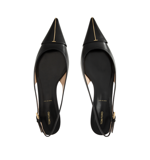 Image 4 of 4 - BLACK - Tom Ford Womens Thea Slingback Ballerina Flats are crafted from shiny goatskin leather. Feature a pointed toe with signature pale gold-tone T metal detail, adjustable slingback strap, leather sole, and 1.5 cm heel. Main Material: 100% Goatskin Leather; Sole: Leather. Made in Italy. 