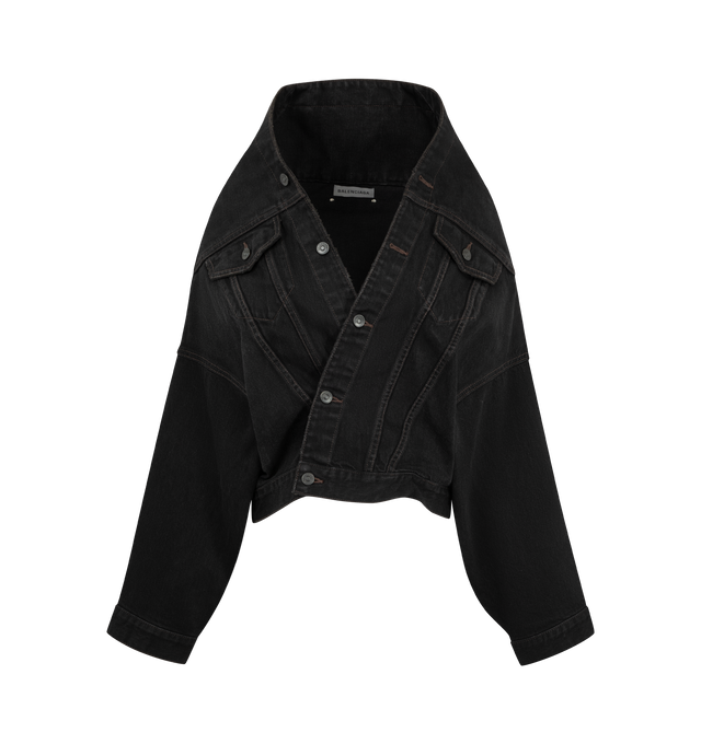 Image 1 of 2 - BLACK - Balenciaga Women's Denim Wrap Jacket is crafted from vintage black organic Japanese denim that's designed with voluminous deconstructed shoulders, a wrap-style silhouette, a five-button front closure, two front flat pockets, and button cuffs. The jacket also features engraved buttons and a tone-on-tone leather tab with City studs at the back. Main Material: 100% Organic Japanese Cotton Denim. Leather Trim. Made in Japan. 
