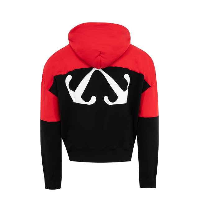 Image 2 of 2 - RED - OFF-WHITE Half Arrow Over Hoodie featuring drawstring hood, color blocking, kangaroo pocket, logo on front and graphic on back. 100% cotton.  