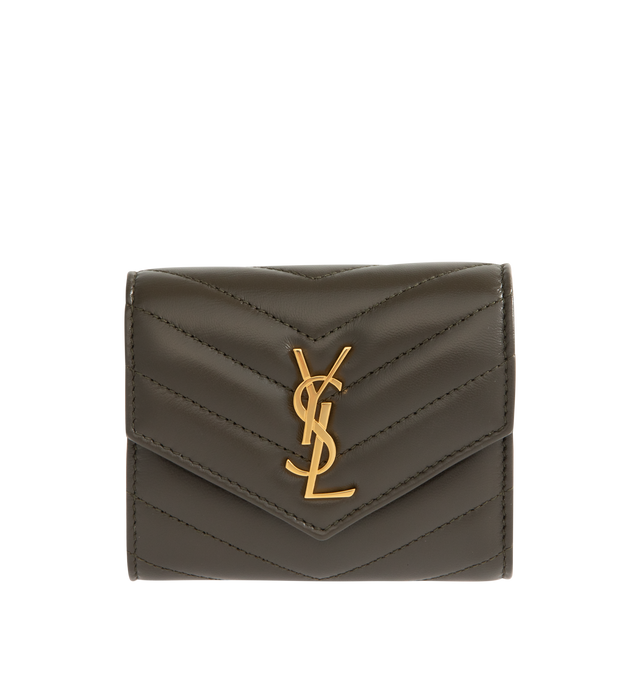 Image 1 of 3 - BROWN - SAINT LAURENT Multi Fold Wallet featuring chevron quilted overstitching, cassandre logo, leather lining, gold-toned hardware, snap-button closure, five card slots, one coin pocket, one bill compartment and one receipt compartment. 4.1 x 3.5 x 1.2 inches. Lambskin. Made in Italy.  