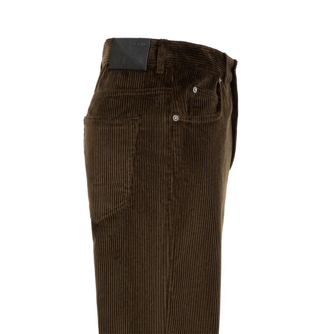 Image 3 of 3 - BROWN - Loewe Men's Corduroy Trousers are crafted from medium-weight brown cotton corduroy and feature a regular fit with a mid-rise waist, straight leg, and regular length. A concealed zip fly and classic five-pocket construction define the silhouette, while an embossed Loewe leather and suede patch accents the back. Main Material: Cotton. Made in Italy. 