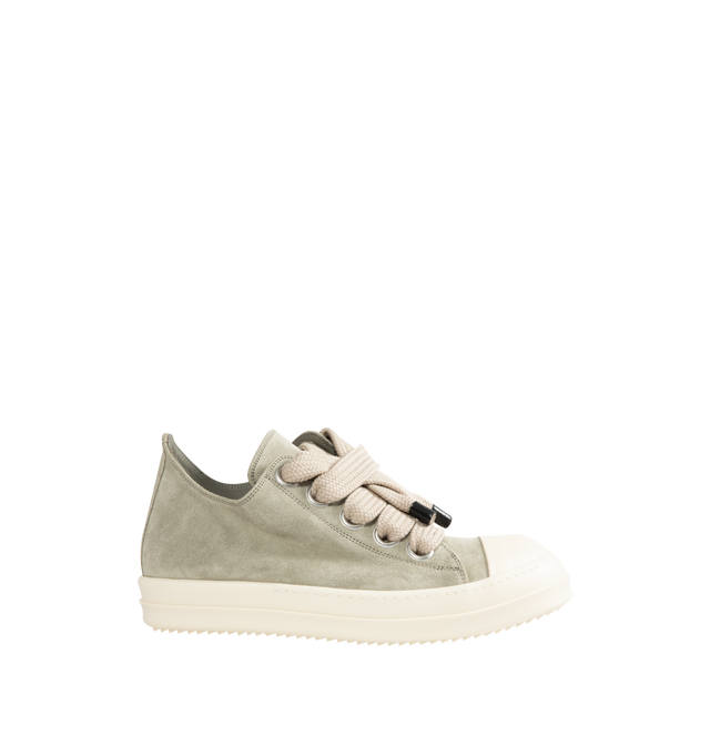 Image 1 of 5 - NEUTRAL - Rick Owens DRKSHDW Men's Jumbolace Low Sneaks are crafted from overdyed 13oz denim and feature an under-ankle silhouette with the brand's signature jumbo laces, toe caps, and shark-tooth soles. Designed with five eyelets and a soft washed finish, the sneakers blend exaggerated proportions with DRKSHDW's distinctive utility-inspired aesthetic. Main Material: 100% Cotton. Toe: 70% Polyurethane, 30% Viscose. Lining: 100% Cotton. Sole: 100% Thermoplastic Rubber. 