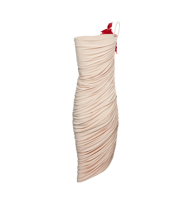 Image 2 of 2 - NEUTRAL - Magda Butrym One-shoulder  cupro midi dress with all-over asymmetrical draping, accented by a spaghetti strap embellished with a seasonal red tulle rose. Shell 94% Cupro 6% Elastane.. 