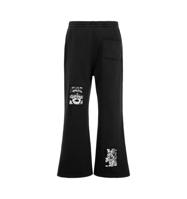 Image 2 of 3 - BLACK - Midnight Rodeo Opera House Sweatpants are crafted from heavyweight cotton and feature a flared wide-leg silhouette, a faded wash, subtle distressing, and emboidered patchwork designs on the front and back. Main Material: Heavyweight Cotton. 