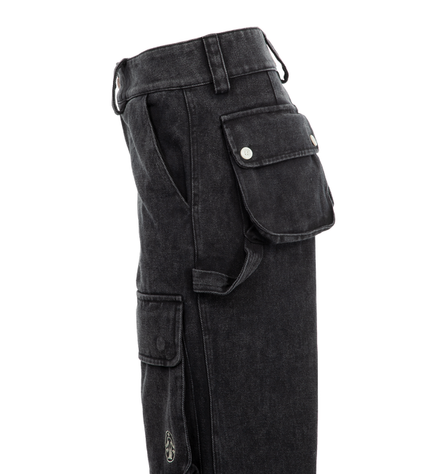 Image 3 of 3 - BLACK - UNTITLED ARTWORKS Cargo Pants Wide featuring relaxed-fit, stone wash effect, mid-rise, button and zip closure, belt loops at waistband, drawstring cuffs, logo embroidery on front side leg and ten-pocket styling: 6 big flap pockets, 2 flap pockets with pleats and 2 side pockets. 100% cotton. 