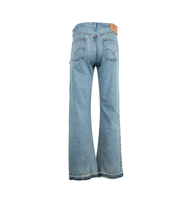 Image 2 of 3 - BLUE - BARRIERS Cowrie Shell Denim Jeans featuring straight leg, paneled construction, distressed throughout, five-pocket styling, hand embellished and belt loops. 100% cotton. Made in USA. 