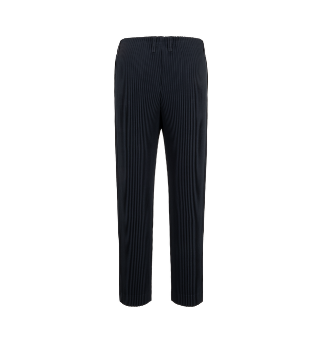Image 2 of 3 - NAVY - Issey Miyake Pleats Pants are sporty straight pants. They are characterized by their portability and light comfort with the unique quick-drying property of polyester material. There are pockets on both sides and a drawcord at the waist, along with a button-fly design. Material: 100% Polyester. Made In Japan. 