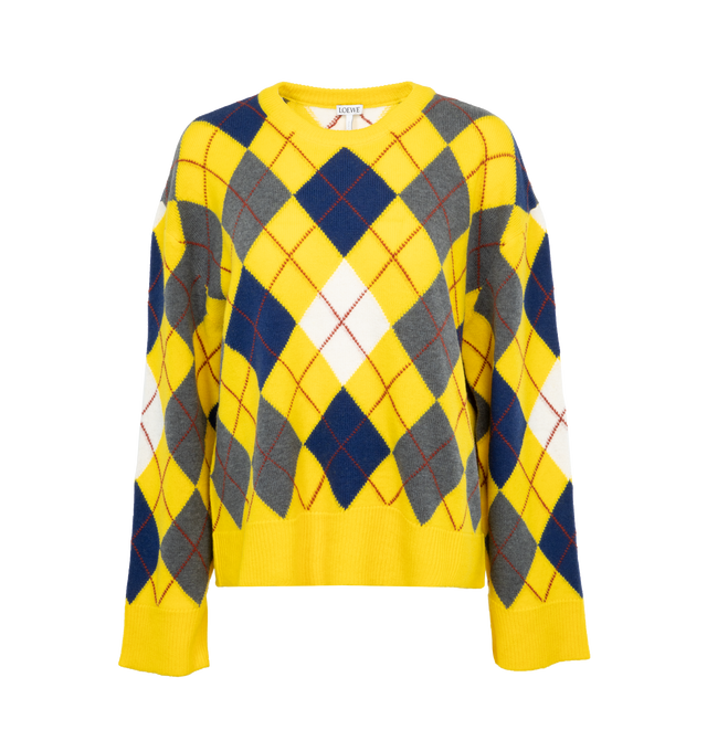 YELLOW - LOEWE ARGYLE SWEATER is crafted in medium-weight cashmere intarsia knit with a relaxed fit, regular length, ribbed round neck, ribbed cuffs, ribbed hem and LOEWE Anagram debossed rubber patch placed at the back. 100% cashmere.