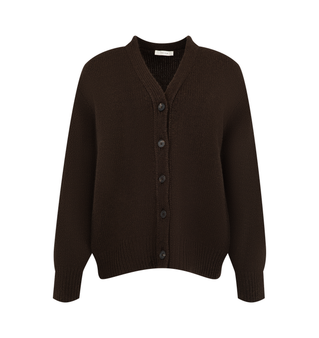 Image 1 of 2 - BROWN - The Row Women's Pranavi Cardigan is crafted from textured cashmere and features a slightly oversized silhouette with a classic V-neckline, front button closure, and ribbed trims at the neckline, cuffs, and hem. This designer cashmere cardigan combines exceptional Italian craftsmanship with rich three-ply cashmere yarn for luxurious warmth, depth, and softness, creating a timeless layering piece with effortless sophistication. Main Material: 100% Cashmere. Made in Italy. 
