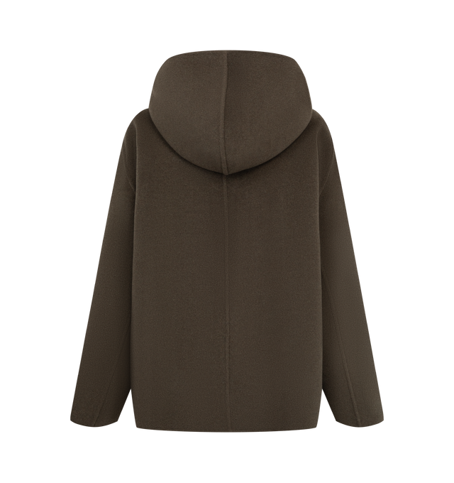 Image 2 of 3 - BROWN - Khaite Women's Hooded Wool Jacket is crafted from double-face wool and features an enveloping hooded silhouette with a bold oversized zipper pull, angled dart detailing, and twin in-seam pockets. Expertly tailored in Italy, this designer wool jacket combines exceptional craftsmanship with architectural construction and a relaxed, seasonless design for refined everyday layering. Main Material: 100% Double-Face Wool. Made in Italy. 
