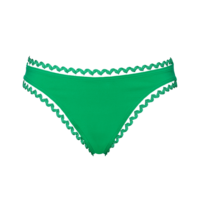 Image 1 of 6 - GREEN - ERES Boogie Thin Bikini Briefs featuring thin bikini briefs, rick rack edge suspended by a nylon thread and indented in the front and back. Main: 84% Polyamid, 16% Spandex. Second: 93% Polyamid, 6% Spandex, 1% Polyester. Made in France. 