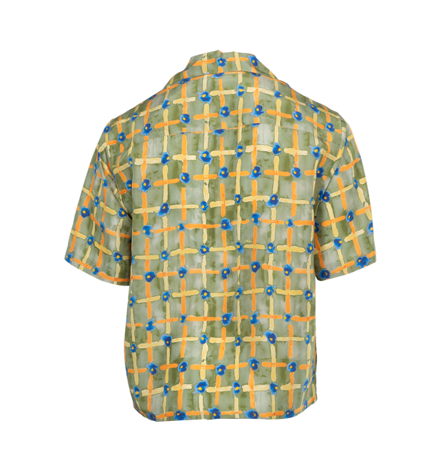Image 2 of 3 - GREEN - MARNI Saraband Shirt featuring graphic pattern printed throughout, open spread collar, button closure, patch pocket and droptail hem. 100% silk. Made in Romania. 