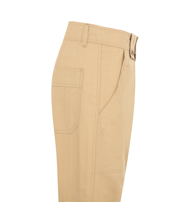 Image 3 of 3 - NEUTRAL - Isabel Marant Womens Amandine Pants are crafted from textured cotton blend fabric. Feature a slim straight fit, concealed front closure with zip and horn buttons, flat front pleats, large side pockets, flat back pockets, waistband with double belt loops, metal rivet detailing, and tonal double topstitching. Main Material: 74% Cotton, 26% Polyamide. Made in Morocco. 