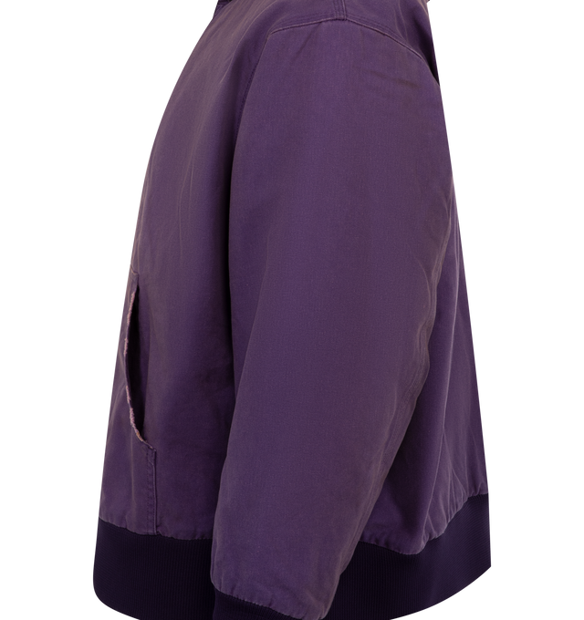 Image 3 of 3 - PURPLE - Needles Zipped Work Hoodie has an attached drawstring hood, a front zipper closure, side pockets, ribbed trims, and an embroidered butterfly logo patch. Lined. 100% cotton.  