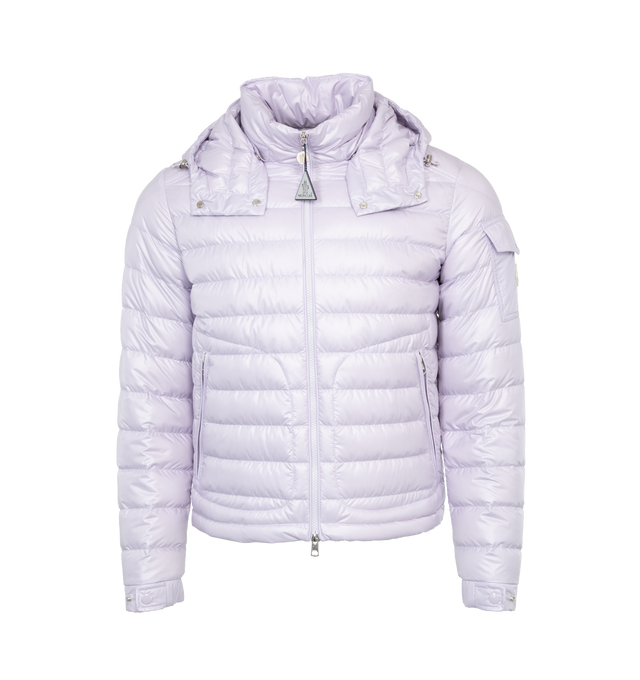 PURPLE - MONCLER Lauros Short Down Jacket featuring polyester lining, down-filled, detachable hood, collar with snap button closure, zipper closure, zipped pockets and adjustable cuffs and hem. 100% polyester. Padding: 90% down, 10% feather.