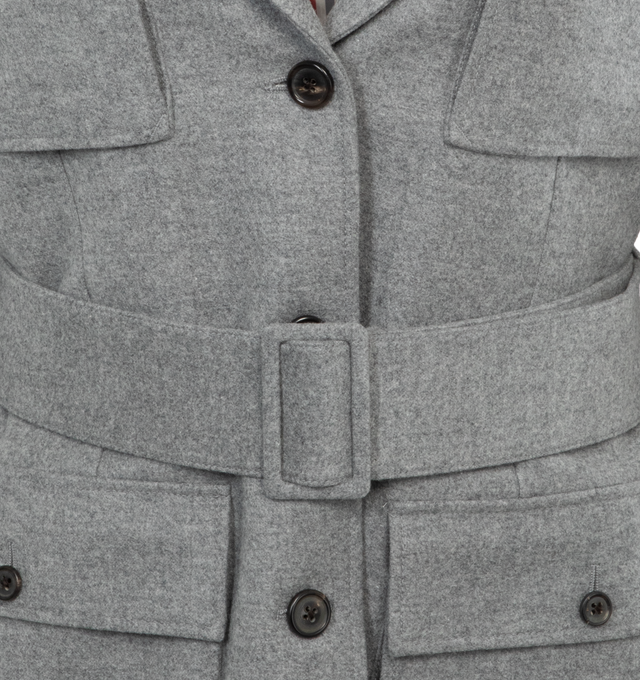 Image 3 of 3 - GREY - THOM BROWNE Safari Jacket in Wool Flannel featuring button front closure, lapel collar, adjustable belt at waist and 4 patch pockets with button flap closure. 