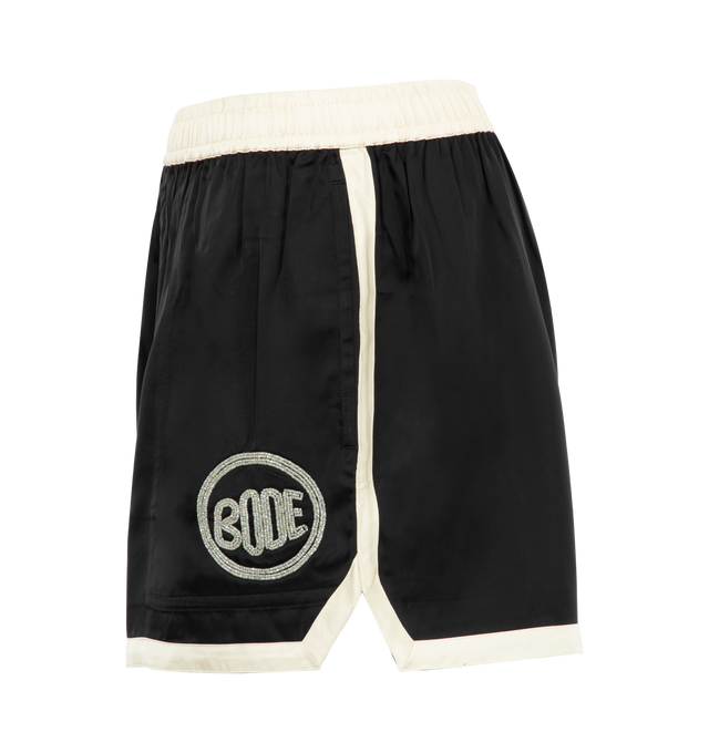 Image 3 of 3 - BLACK - Bode Satin Gym Shorts have an elastic waistband, side pockets, an embroidered logo detail, and a back patch pocket.  