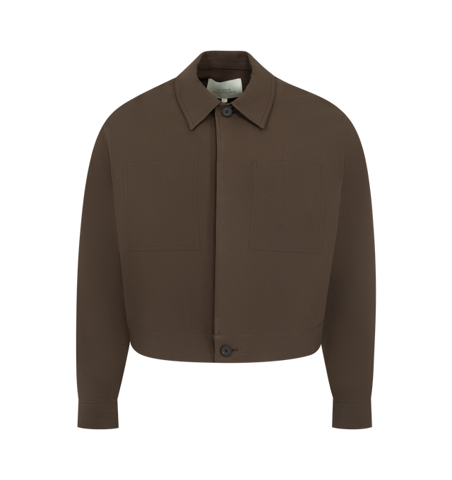 Image 1 of 3 - BROWN - STUDIO NICHOLSON Piper Jacket featuring point collar, patch pockets, back pleats, cropped length and button closure. 70% cotton, 30% linen. Made in Portugal. 