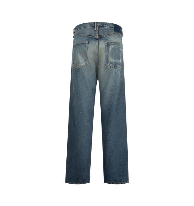 Image 2 of 3 - BLUE - Visvim Men's Social Sculpture 03 Wide Denim Jeans are crafted from original selvedge denim and feature a regular-slim silhouette with a normal rise and tapered leg. Designed with five-pocket styling, a zip fly with button closure, original hardware, and an indigo-dyed deerskin patch, showcasing the brand's signature blend of heritage workwear and Japanese craftsmanship. Main Material: 100% Cotton. Patch: Deerskin. 
