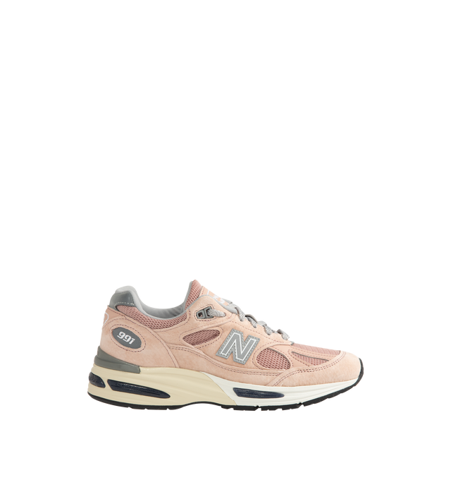 Image 1 of 5 - PINK - New Balance Mens Made in UK 991v2 Sneakers feature a mesh upper with premium pigsuede and synthetic overlays. Designed with FuelCell foam cushioning, ENCAP midsole technology, semi-translucent ABZORB SBS pods, reflective detailing, debossed "N" logo, embroidered "v2" tongue branding, and a durable rubber outsole. Upper: Mesh, Pigsuede, and Synthetic; Midsole: FuelCell, ENCAP, and ABZORB SBS. Made in the UK. 