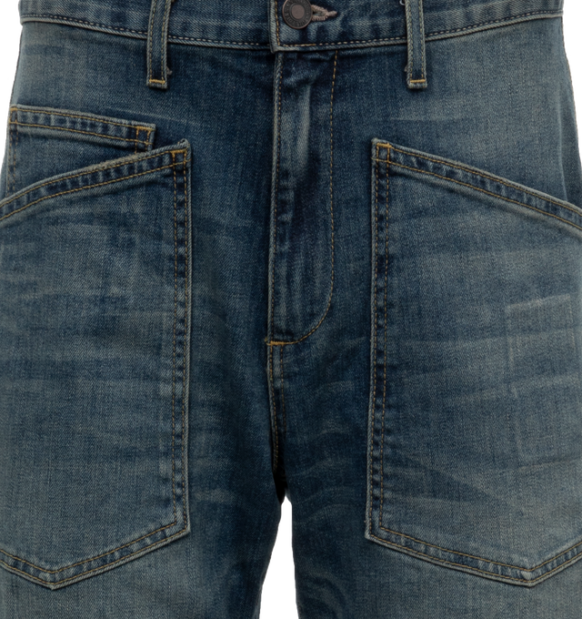 Image 4 of 4 - BLUE - NILI LOTAN Shon Jean featuring mid-rise, relaxed fit jean in Japanese stretch denim, uniquely curved silhouette, seam detail at knees, gusset at inseam, zip fly, shank closure, top-stitched front and back patch pockets and belt loops. 98% cotton, 2% polyurethane. 
