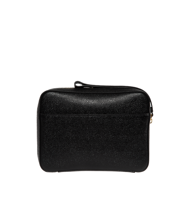 BLACK - THOM BROWNE Zip pouch has an all-around zipper closure, embossed signature logo, wrist strap, front pocket, and signature ribbon tab. Printed lining. Made in Italy. 
