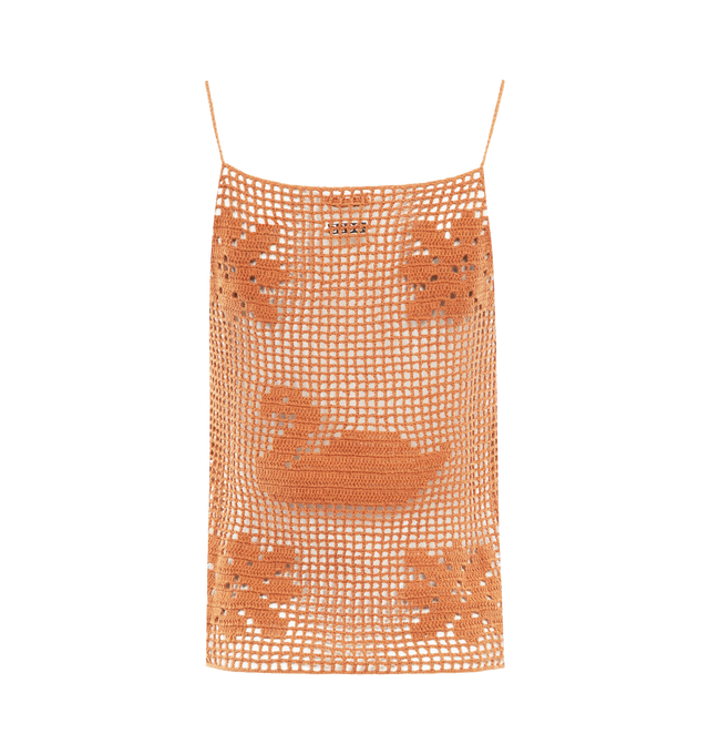 Image 2 of 2 - BROWN - BODE Mansfield Tank featuring square neck, spaghetti straps, hand crochet and logo and swan detail on the front. 60% cotton, 40% linen. Made in Peru. 