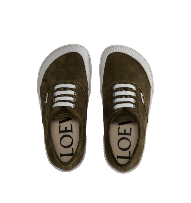 Image 5 of 5 - GREEN - LOEWE Terra Vulca Lace-Up Sneaker featuring a bulky and asymmetric toe shape, wide fit, suede, LOEWE logo tag on the quarter and embossed Anagram outsole and foxing. Split Calfskin. 