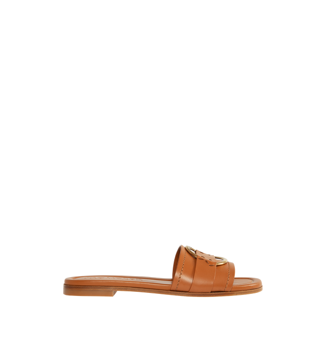BROWN - MONCLER Bell Slide Shoes featuring leather upper, slip on and gold-colored metal logo ring detail. 100% leather.