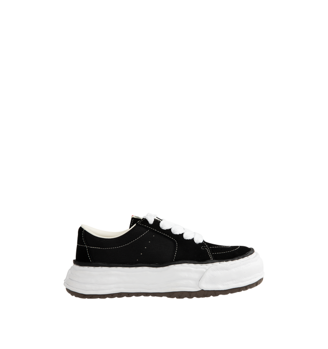 Image 1 of 5 - BLACK - Maison Mihara Yasuhiro Men's Eric Sneakers feature the brand's signature hand-sculpted OG sole, a mixed-material suede and canvas upper, and distinctive toe stitching for a bold contemporary look. Designed for the Spring/Summer 2026 collection, these designer low-top sneakers combine Maison Mihara Yasuhiro's experimental aesthetic with everyday comfort, while the handcrafted-inspired sole and intentional vintage detailing create a truly distinctive silhouette. Main Material: Cow Leath 