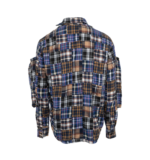 Image 2 of 3 - BLUE - WHO DECIDES WAR Multi-Plaid Pocket Flannel featuring stained glass cargo pockets, fits slightly oversized, button front closure and classic collar. 100% cotton. 