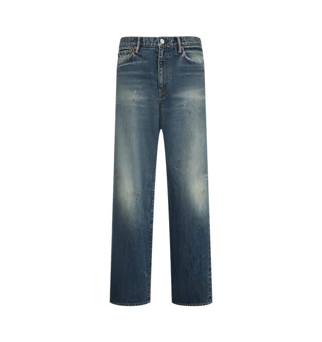 Image 1 of 3 - BLUE - Visvim Men's Social Sculpture 03 Wide Denim Jeans are crafted from original selvedge denim and feature a regular-slim silhouette with a normal rise and tapered leg. Designed with five-pocket styling, a zip fly with button closure, original hardware, and an indigo-dyed deerskin patch, showcasing the brand's signature blend of heritage workwear and Japanese craftsmanship. Main Material: 100% Cotton. Patch: Deerskin. 