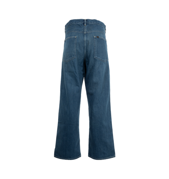 Image 2 of 3 - BLUE - CHIMALA Waist Adjustable Denim Jeans featuring baggy straight leg, adjustable tab and button detailing at waist for versatile fit, button fly and classic jean pocket detail. 100% cotton. 