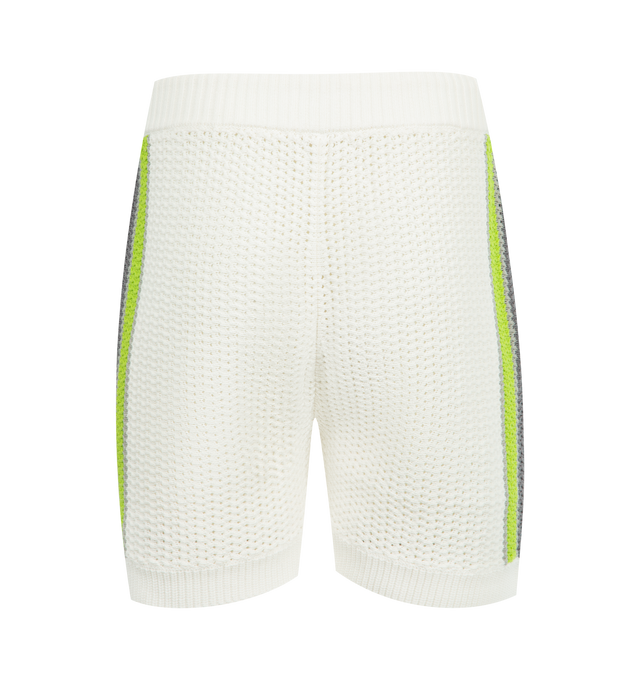 Image 2 of 3 - WHITE - CASABLANCA Stripe Crochet Shorts featuring soft textured design, logo, ribbed elasticised waistband with drawstring fastening, side pockets, contrast stripe detail down the sides and a relaxed silhouette. 100% cotton. 