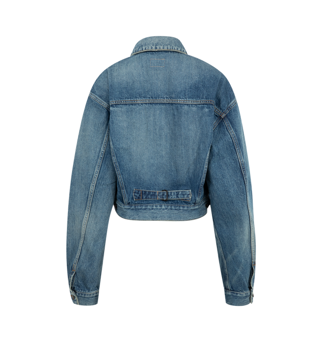 Image 2 of 3 - BLUE - Saint Laurent short denim jacket with a pointed collar and button closure, featuring dropped shoulders and adjustable tabs at the back and hips. Features front button closure, two reverse patch pockets with button flap at the chest, two-button cuffs, shoulder vents and adjustable martingale at the back. 100% COTTON. Made in Japan. 